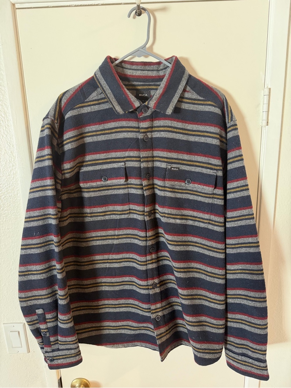 RVCA Navy Button-Down Stripe Shirt Jacket with Red and Gray Accents